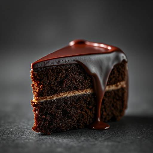 Slice of rich chocolate cake with chocolate ganache